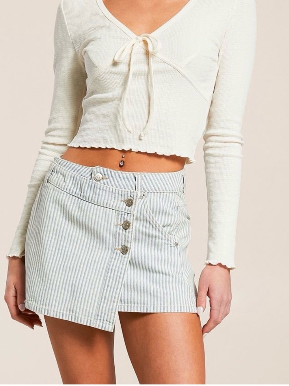 Free People Wynne Railroad Mini Skirt Indigo Cream Light Blue Striped Jean